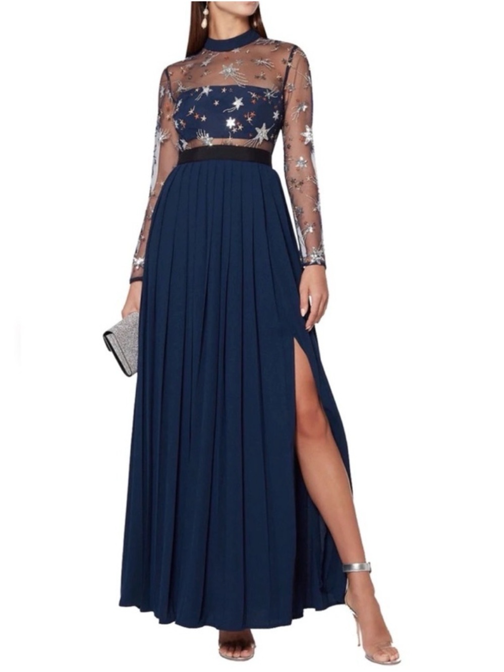 Self-Portrait Navy Maxi Dress with Silver Star Embellishments
